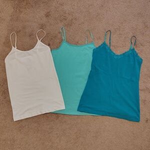 Set Of 3 Tank Tops. White, Mint Green, Teal Lace. M/L. Fit Like Mediums.